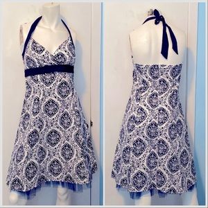White / Blue Halter Style Dress with Blue Tulle and an Empire Waist